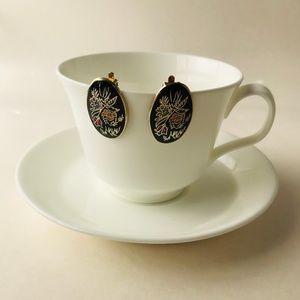 Retro Black Floral Oval Cloisonne Clip On Earrings
